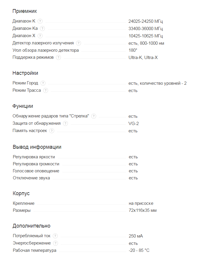 Технические характеристики радар-детектора Prestige RD-101